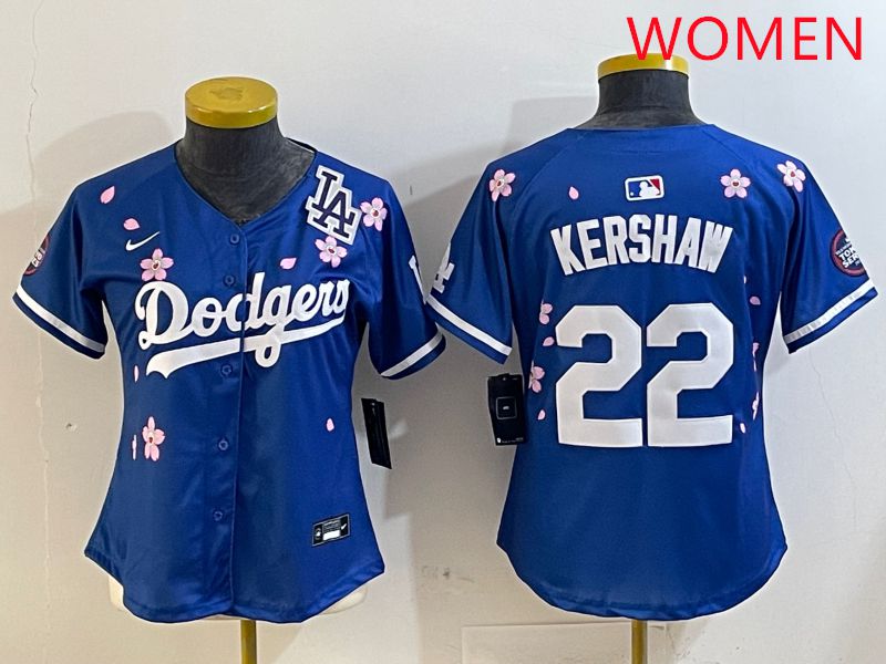 Women Los Angeles Dodgers #22 Kershaw Blue White Blue Sakura Edition 2025 Nike MLB Jersey style 8